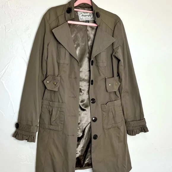Women’s olive green tan Trench Coat - Picture 11 of 14